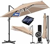 KESSER® Sonnenschirm LED Solar Ampelschirm SUN XL 300 x 300 cm Inkl. Abdeckung +Windsicherung Drehbar Neigbar Kippbar Marktschirm Groß 360° Rotation, Gartenschirm mit Kurbel Sonnenschutz, Taupe
