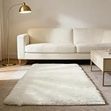 WUXXIANG Hochflor Teppich 137 x 90 cm Anti-Rutsch, Super Soft, Einfarbig, Flauschig, Pflegeleicht, Modern, Elegant Shaggy Teppich für Wohnzimmer, Schlafzimmer, Küche, Flur, Weiß