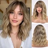 HAIRCUBE Kurze Charming Bob mit Bangs Perücken für Frau Natur Hitzebeständige Kunstfaser Party/Cosplay/Kostüm/Tägliche Perücke (Ombre Light Blonde)