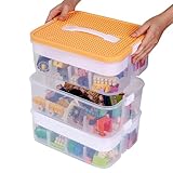 Aufbewahrungsboxen kompatibel mit Lego, Bausteine Ablagefächer Stapelbar Kisten, Spielzeug Aufbewahrung mit Deckel Sortiereinsatz, 3 Stufen Stapelboxen Kunststoff, Abnehmbare Kleinteile (Orange)