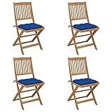 Bucmath Klappbare Gartenstühle 4er-Set, Massivholz Akazie geölt, mit blauen Sitzkissen, 48,5x57x91 cm, für Balkon Terrasse, Bequeme Outdoor Stühle