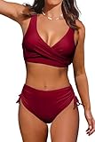 Beachsissi Damen Hoch taillierte Badeanzüge Criss Cross Drawstring Side Bikini Sets Lace Up 2 Stück Badeanzüge, Wein, L