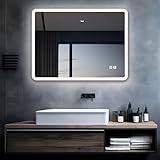 MIQU LED Badspiegel mit Beleuchtung 80x60 cm Badezimmerspiegel, Bad Groß Spiegel mit 2 Touch Dimmbar Warm/Weiß Licht Beschlagfrei Wandspiegel für Badezimmer, WC, Flur runden Ecken