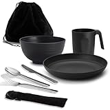 Camping Utensilien, ReaNea Camping Mess Kit für Reisen, Camping, Picknick, Outdoor, Camping Gear Include Messer, Löffel, Gabel Besteck Set, Tasse, Schüssel, Teller, Camping Essentials
