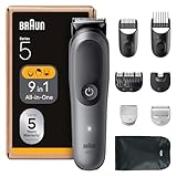 Braun All-in-One Trimmer-Set 5, 9-in-1 Multigroom, Barttrimmer, Haarschneider, Haarschneidemaschine für Gesicht, Kopf und Körper, 120 Min Akku, 14 Längen (0.5–21 mm), Wasserdicht, AIO5545, Grau