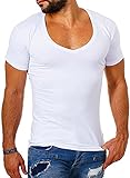 Young & Rich Herren Uni T-Shirt mit extra tiefem V-Ausschnitt Slimfit deep V-Neck Stretch dehnbar Basic Shirt 1315, Grösse:M, Farbe:Weiß