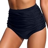 Generisch Damen-Bikinihose mit Taille, Badehose, Strandshorts, gerüschte Unterseite, hoch geschnittene Badehose, bedeckende Badeanzughose, Sport-Yoga-Shorts, Badehose (Navy, M)