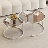 Runder Couchtisch Aus Glas, Couchtisch 2er Set, Center-Couchtisch Für Wohnzimmer, Couchtisch Aus Glas Mit Metallrahmen, Moderner Teetisch, Niedrige Couchtische, Kleiner Teetisch Für Die Wohnung(White,