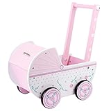 WOOMAX Holz, 26,5 x 39 x 46 cm, rosa und weiß, mit Rollen, für Puppen von 30-40, Kinderwagen für Babys Spielzeug 3 Jahre, Puppenwagen (46475), Kariert, 26.53946 cm