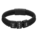 Heideman Armband Elian Herren - Aus hochwertigem Leder schwarz matt Lederarmband mit 3 Gravurplättchen zum personalisieren und gravieren für Männer Länge 23cm Gravurarmband mit Steckverschluss