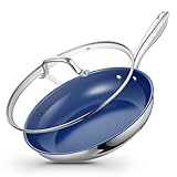 KOCH SYSTEME CS Edelstahl Bratpfanne mit Deckel 25,4 cm Antihaft-Edelstahl-Bratpfanne mit blauer Keramikbeschichtung, PFOA-freie 25,4 cm Edelstahlpfanne mit Deckel, induktionsgeeignet