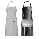 Livdouyu 2 Stück Schürze Kochschürze Damen Verstellbare Küchenschürze mit Taschen Männer Kittelschürze Baumwolle Schwarz Grau Schürze zum Kochen, Malen, Backen, Hausarbeiten