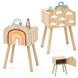 KOMFOTTEU 2er Set Nachttische für Kinder, Nachtschrank Kinder mit Massivholzbeinen, Beistelltisch mit Kippschutz, Nachtkommode mit Regenbogen- und Wolkenmuster, 34 x 30 x 54 cm