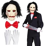 TaimeiMao Halloween Saw Jigsaw Maskenset mit Handschuhen und Krawatte, aus Latex, gruseliges Horrorset perfekt für Halloween, die Halloween Masken ist angenehm zu tragen,Unisex