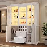 Kelodan Glasvitrine 130x37.5x170.5cm, Standvitrine mit 2 Schubladen und 4 Schranktüren, LED, Weiß, Wohnzimmerschrank, Multifunktionsschrank mit 8 Weinregal, Großer Schrank