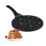 Relaxdays Pancake Pfanne mit Gesichtern, 7 Mulden, Ø je 8 cm, induktionsgeeignet, Aluminium, Pfannkuchenpfanne, schwarz