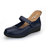 VJH confort Mary Jane Damen Schuhe, flach, bequem, runder Zehenbereich, Slipper, orthopädisch, niedriger Keilabsatz, Wanderschuhe, Blau (navy), 41 EU