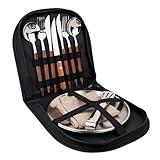 Camping Geschirr Set für 2 Personen, 12 Stück, Edelstahl, Picknick Besteck, Tragbare Bestecktaschen, Holzmaserung Griffe, Esstisch Matte