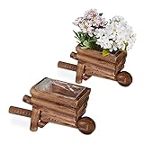 Relaxdays Pflanzschubkarre, 2er Set, Gartendeko, H x B x T: 12,5 x 26 x 12 cm, Blumenkarre zum Bepflanzen, Holz, Natur