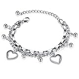 Herzen Symbol Charme Armband für Damen, Edelstahl Geschichtet Doppelkette Armband mit Herz-Anhänger Muttertag Valentinstag Geschenke für Mädchen ihre Damen (Silber)