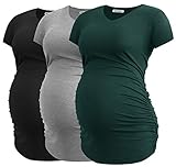 Smallshow Damen Umstandstop V Hals Schwangerschaft Seite Geraffte Umstandskleidung Tops T Shirt 3 Pack,Black-Deep Green-Light Grey,XL