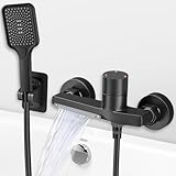 Badewannenarmatur mit Handbrause, Wasserfall Wasserhahn Badewanne, Messing Mischbatterie Dusche mit 1.5m PVC Schlauch und Wandhalterung, Armatur Badewanne Dusche Messing, Wannenarmatur Aufputz