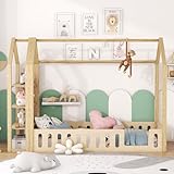 Kebnor 90 x 200cm Kinderbetten, Flachbetten, Hausbetten mit Geländer, Kinderbetten mit 3 Regalen(Ohne Matratze) (Natur)