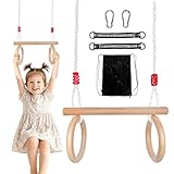 Trapez Schaukel Garten,Kinderschaukel Outdoor Indoor Kinderschaukel aus Holz 2 in 1 Therapieschaukel mit Turnringe zum Aufhängen Maximale Tragkraft 100 kg（Verstellbare Seillänge