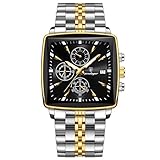 DAXIAOYU Herren Quarz Armbanduhr Wasserdicht Leuchtend Chronograph Quadrat Sport Edelstahl Armbanduhr für Herren, Schwarz golden, Armband