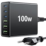 HSSNS USB C Ladegerät Mehrfach: 100W 6-Port Schnellladegerät mit USB-C und USB-A, Tragbarer USB c netzteil für ipad, iPhone Series und andere Smartphones