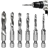 6 Stück Kombi Gewindebohrer Set M3 M4 M5 M6 M8 M10, HSS Schnellarbeitsstahl Sechskantschaft Bohrer Gewindeschneider Bits für Holz Kunststoff PVC Weichmetall Aluminium
