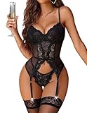 Avidlove Damen Body Sexy Dessous Set Spitze Reizwäsche Babydoll Corsage Curvy Teddy Bodysuit V-Ausschnitt Unterwäsche Lingerie BH- und Höschen-Set，SchwarzL