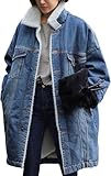 Juankrynord Damen Wintermode Langer wattierter Mantel Lange Plüsch Gefütterte Denim Longjacke Mittellang mit Knöpfen Wattierter Denim Trenchcoat Plüsch Jeansjacke (blau,XL)