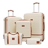 COOLIFE Koffer Trolley Koffer Reisekoffer von ABS Hartschalen Trolley 4 Rollen TSA-Schloss Der Koffer Enthält 1 Reisetasche und 1 Kulturbeutel (Weiß/Braun, Koffer-Set 5tlg)