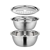 Yaztauho Multifunktionales Edelstahlbecken, 3-in-1-Siebbecken, 28cm Reibensieb Und Abflusskorb, Rührschüssel Set Mit Sieben, Reiben Und Behälter, Edelstahl Seiher Und Schüsselset Küchensieb