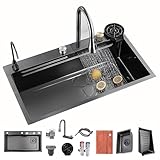 Spülbecken Küchenspüle Waschbecken Küche Edelstahl, Waterfall Spüle Küche Schwarz Mit Cup Washer, Einbauspüle Küchenwaschbecken Glasspüler Für Spülbecken, Integrierte Spüle Mit Wasserhahn Wasserfall (