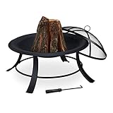 Relaxdays Feuerschale mit Funkenschutz, Garten & Terrasse, mit Schürhaken, Outdoor Feuerstelle, D: 73,5 cm, schwarz