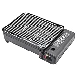 Tragbarer Gasgrill Camping Grill Set aus Metall mit 2 Gasanschlüssen, Einstellbare Feuerkraft Campingkocher mit Piezoelektrische Zündvorrichtung, Butan Gasherd Camping Gasbrenner mit Fettauffangschale