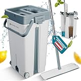 SWIPE PRO Wischmopp Set mit Eimer [Neu mit ROLLENFUNKTION]-2 Kammern: eine für Wasser, eine mit Auswringfunktion-ABFLUSSVENTILE-2 Wiederverwendbare Wischpads-das perfekte Cleaning Tool für zuhause!