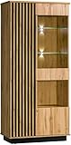 LAMIA 3 - Vitrinenschrank mit LED-Beleuchtung 90cm Breit, Vitrine Glass, Bücherregal mit Türen und Glaseinsätzen, Highboard für Wohnzimmer Schlafzimmer Esszimmer, Farbe Wotan Eiche/Schwarz Matt