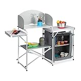 Relaxdays Campingküche mit Windschutz, klappbar, Tragetasche, Campingschrank, Alu & MDF, HBT: 111x147x46 cm, weiß-grau