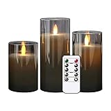 XINGGANG LED Kerzen 3er Set Flammenlose Kerze mit Fernbedienung Timerfunktion Timer Dimmer Echtwachskerze, Hoch Realistisch Flackernde Flacker-Licht Led-Flammen Glas Deko (Grau)