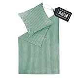 SCHÖNER WOHNEN Flanell Bettwäsche 135x200 Baumwolle Grün - Luxus Bettwäsche-Set 2teilig Öko - kuschelige warme Flauschige Sets - 1 Bettwäschebezug und 1 Kopfkissenbezug 80x80cm - Herbst & Winter