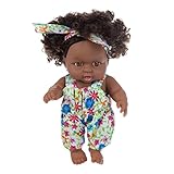 DierCosy Schwarz Baby Girl Doll, 20 cm/7,9 Zoll Simulation Afrikanische Babypuppe mit Blumenkleid und Stirnband, lebensechter Silikonpuppe Kinderspielzeuggeschenk für Kinder (Blue+Red Overalls)