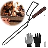 Kaminzange: 42,5 × 13 cm Schwerlast Kaminholzzange mit Holzgriff, Feuerholzzange mit Feuerhaken und Handschuhe, Lange Brennholzzange Kaminzange Feuerholzzange für Lagerfeuer & Kaminöfen