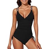 Badeanzug Damen Badeanzug Damen Hohe Taille One Piece String Monokini mit flachem Bauch mit tiefem V-Ausschnitt Bauchkontrolle Bauch mit verstellbaren Trägern Quick Drying, Schwarz , M
