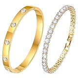Ahokei Armreif Gold Armband Gold Schmuck Damen,Gold Armband Damen Gold 2PC Titan-Stahl Armband Set 17CM Edelstal Armbänder Gold Tennisarmband Gold Armreif Damen, Geschenk für Weihnachten Frauen Mama