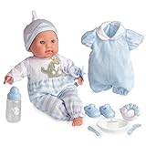 JC Toys 38 cm große realistische Babystoffpuppe mit offenen/geschlossenen Augen Berenguer Boutique | 10-teiliges Geschenkset mit Flasche, Rassel, Schnuller & Zubehör | Blau | ab 2 Jahren.