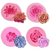HANIUTTY 4 Stücke 3D Silikonform Blumen, Rose Blume Fondant Silikon Silikonformen Gießformen Kerzen Form Blume Blühen Rose für Kuchen Dekoration Schokolade Handgemachte Süßigkeit Herstellung