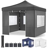 ONBEST Pavillon – 3x3m – Großer Eingang - Wasserdicht – Pop up Gestell – Seitenwänden mit 3x3 Fenstern – Zusätzlich mit Tasche – Faltbarer Outdoor Pavillon Faltpavillon (Grau)